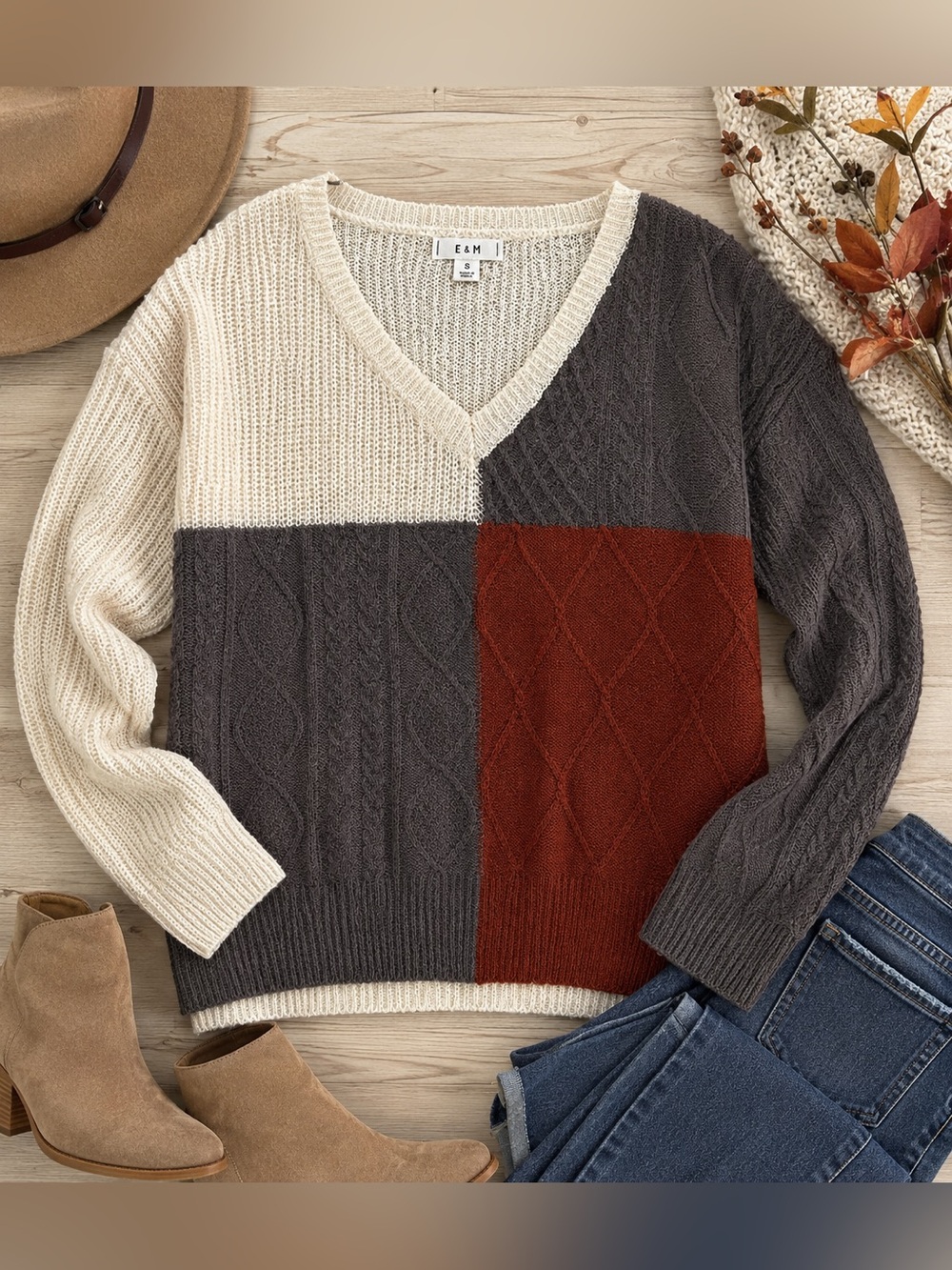 E&M Colorblock Cable Knit V-Neck Sweater Rust Gray Cream Size S NWOT
